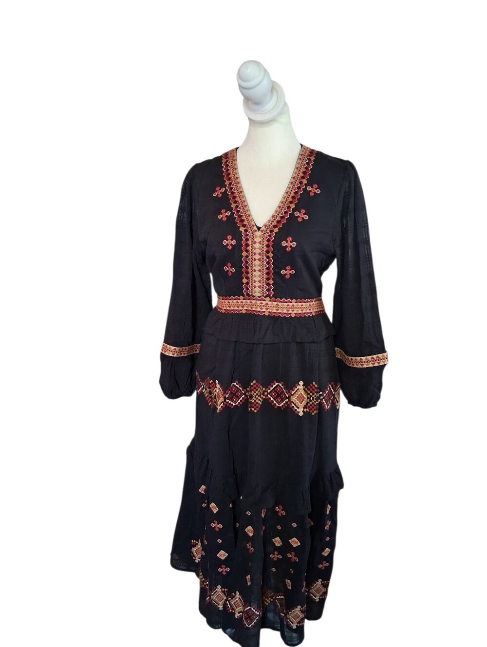 Reba Black Embroidered Boho 100% Cotton Midi Dress 4 Bohemian